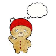 cartoon waving teddy bear in winter hat with thought bubble N3