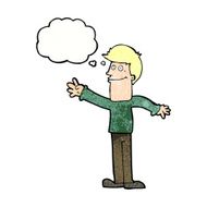 cartoon happy man waving with thought bubble N38