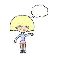 cartoon smug woman making dismissive gesture with thought bubble N11