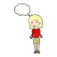 cartoon woman shrugging shoulders with thought bubble N508