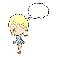 cartoon woman in swimsuit shrugging shoulders with thought bubbl N7