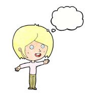 cartoon happy girl waving with thought bubble N11