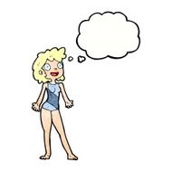 cartoon woman in swimming costume with thought bubble N11