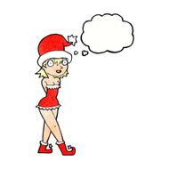 cartoon woman in christmas elf costume with thought bubble N11