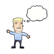 cartoon waving stressed man with thought bubble N11
