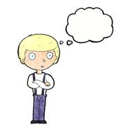 cartoon staring boy with folded arms thought bubble N11