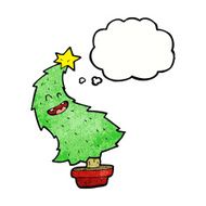 cartoon dancing christmas tree with thought bubble N20
