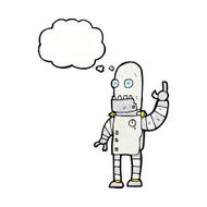 cartoon waving robot with thought bubble N24