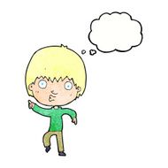 cartoon impressed boy pointing with thought bubble N11