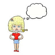 cartoon woman with knife between teeth thought bubble N39