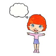 cartoon happy woman pointing with thought bubble N72