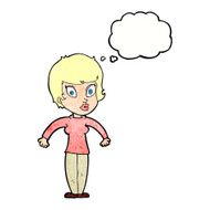 cartoon woman shrugging shoulders with thought bubble N512