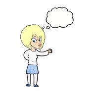 cartoon woman making welcome gesture with thought bubble N11