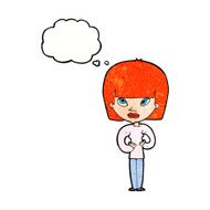 cartoon woman gesturing at herself with thought bubble N11