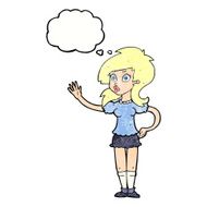 cartoon pretty woman waving for attention with thought bubble N11