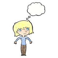 cartoon woman shrugging with thought bubble N59