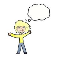 cartoon excited woman waving with thought bubble N11
