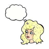 cartoon woman looking concerned with thought bubble N10