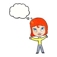 cartoon happy woman waving arms with thought bubble N11