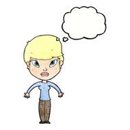 cartoon woman shrugging shoulders with thought bubble N515