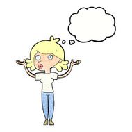 cartoon woman throwing arms in air with thought bubble N11