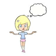 cartoon woman making balancing gesture with thought bubble N11