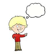 cartoon boy laughing and pointing with thought bubble N10