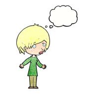cartoon woman shrugging shoulders with thought bubble N517