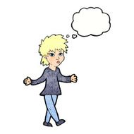 cartoon woman shrugging shoulders with thought bubble N519