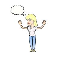 cartoon woman throwing hands in air with thought bubble N11
