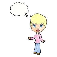 cartoon woman shrugging shoulders with thought bubble N520