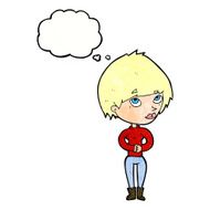 cartoon woman considering with thought bubble N7