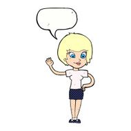 cartoon woman waving with speech bubble N376