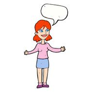 cartoon happy woman shrugging shoulders with speech bubble N23