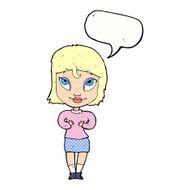 cartoon woman gesturing at self with speech bubble N35