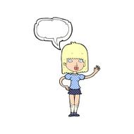 cartoon woman waving with speech bubble N383