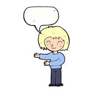 cartoon woman gestureing welcome with speech bubble N4