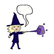 cartoon witch girl casting spell with speech bubble N23