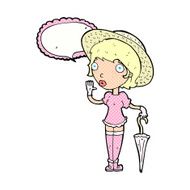 cartoon woman in summer hat waving with speech bubble N12