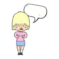 cartoon woman making Who Me? gesture with speech bubble N53