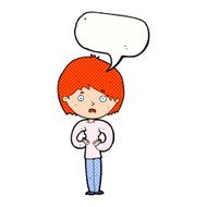 cartoon woman making Who Me? gesture with speech bubble N54