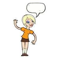 cartoon girl waving with speech bubble N34