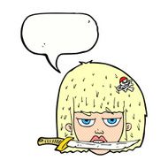 cartoon woman holding knife between teeth with speech bubble N12