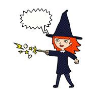 cartoon witch girl casting spell with speech bubble N24
