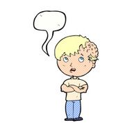 cartoon boy with growth on head speech bubble N45