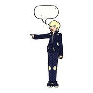 cartoon woman in leather jacket pointing with speech bubble N12