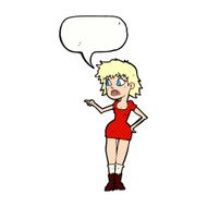 cartoon worried woman in dress pointing with speech bubble N12