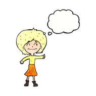 cartoon happy girl giving thumbs up symbol with thought bubble N11