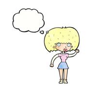 cartoon woman waving with thought bubble N349