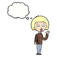 cartoon woman waving with thought bubble N350